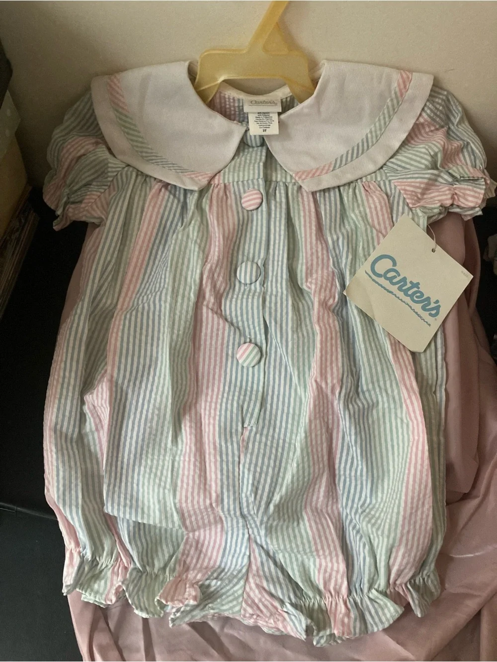 3T girls Toddlers Pastel Striped Bubble Romper with White Peter Pan Collar